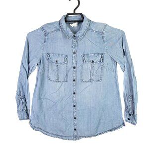 Womens led Blue Denim Shirt Button Up Long Sleeve 100% Lyocell Front Pockets S